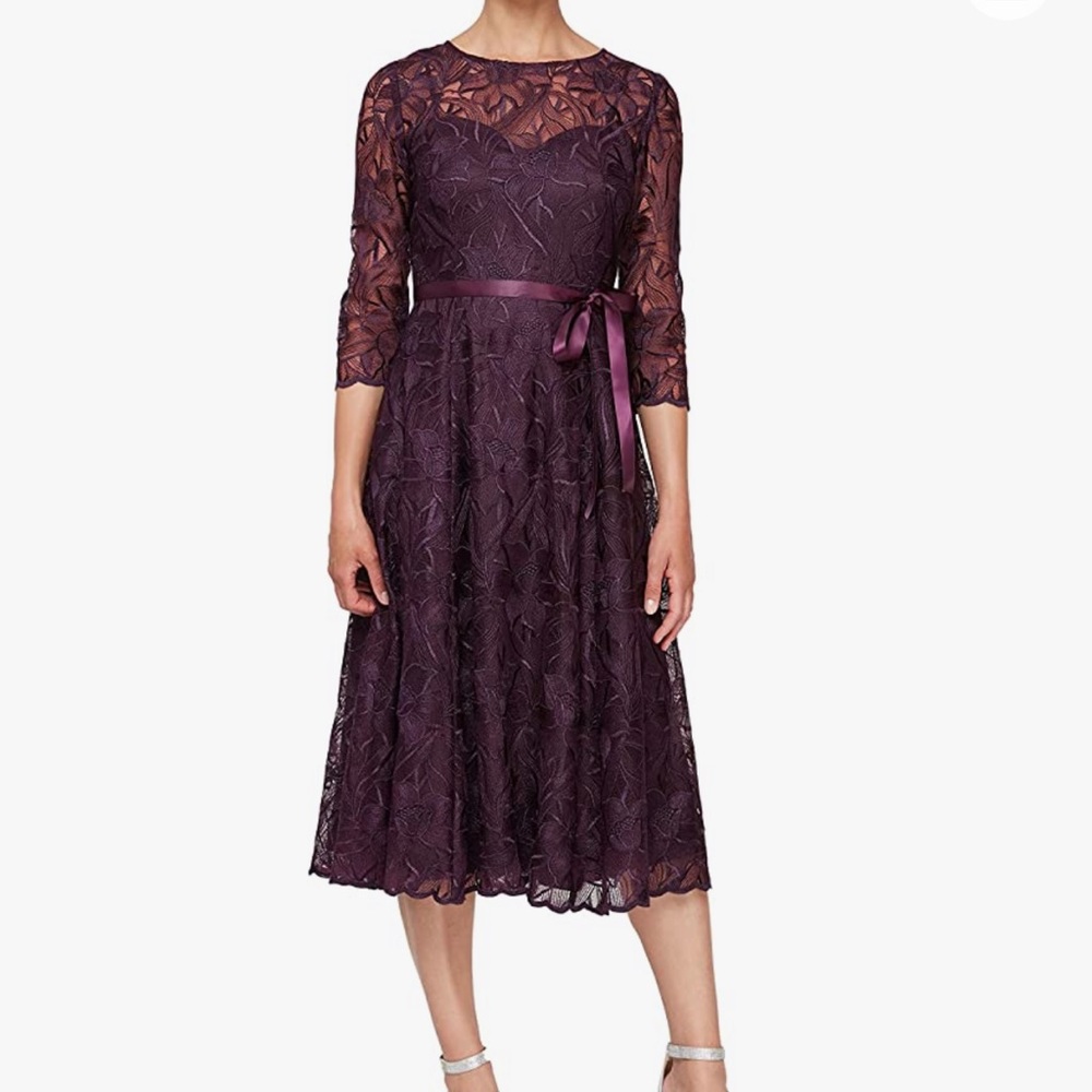 Alex Evenings Women's Tea Length Embroidered Dress Illusion Sleeves